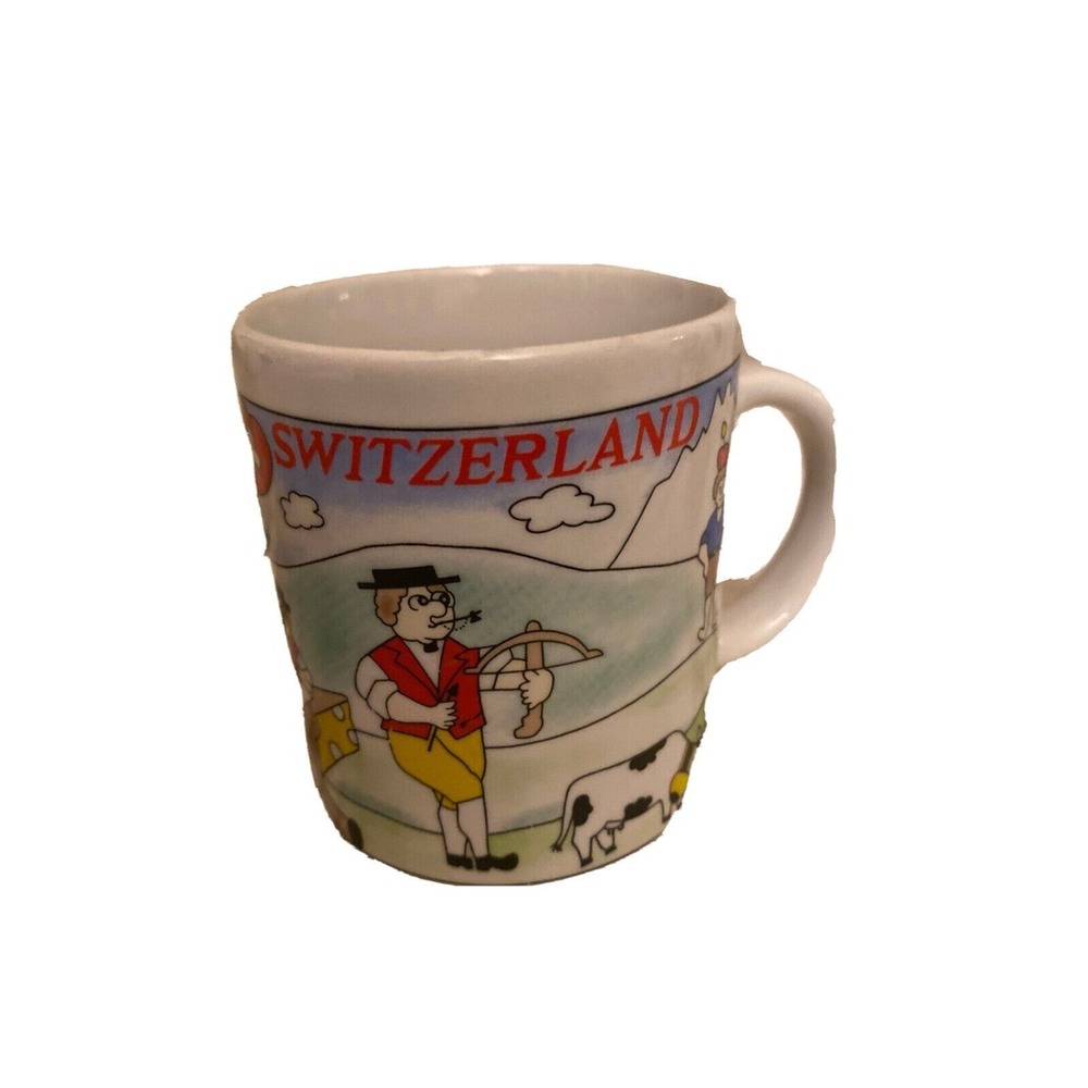 Coffee Mug White Switzerland Souvenir Cartoon Folk Art Alps Cows Chalet